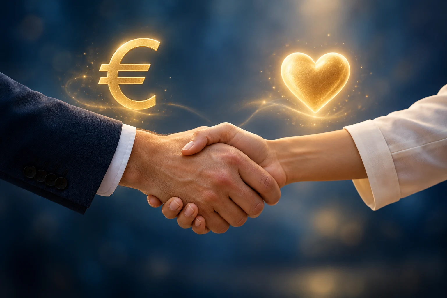 Zwei Hände verbinden sich im Handschlag, darüber ein Eurozeichen und ein Herz